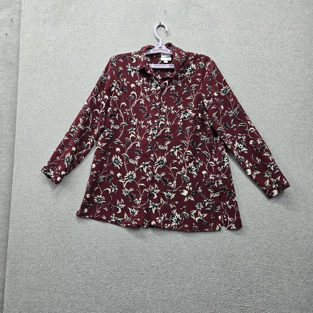 J. Jill Women Blouse S PETITE Red Floral Button Up Pleated Collar Long Sleeve